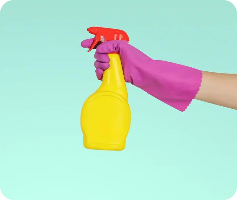 A bright, clean kitchen with a person wearing gloves spraying disinfectant on a countertop, with visible Alpha Clean disinfectant bottle on the side, daylight coming through a window A bright, clean kitchen with a person wearing gloves spraying disinfectant on a countertop, with visible Alpha Clean disinfectant bottle on the side, daylight coming through a window.